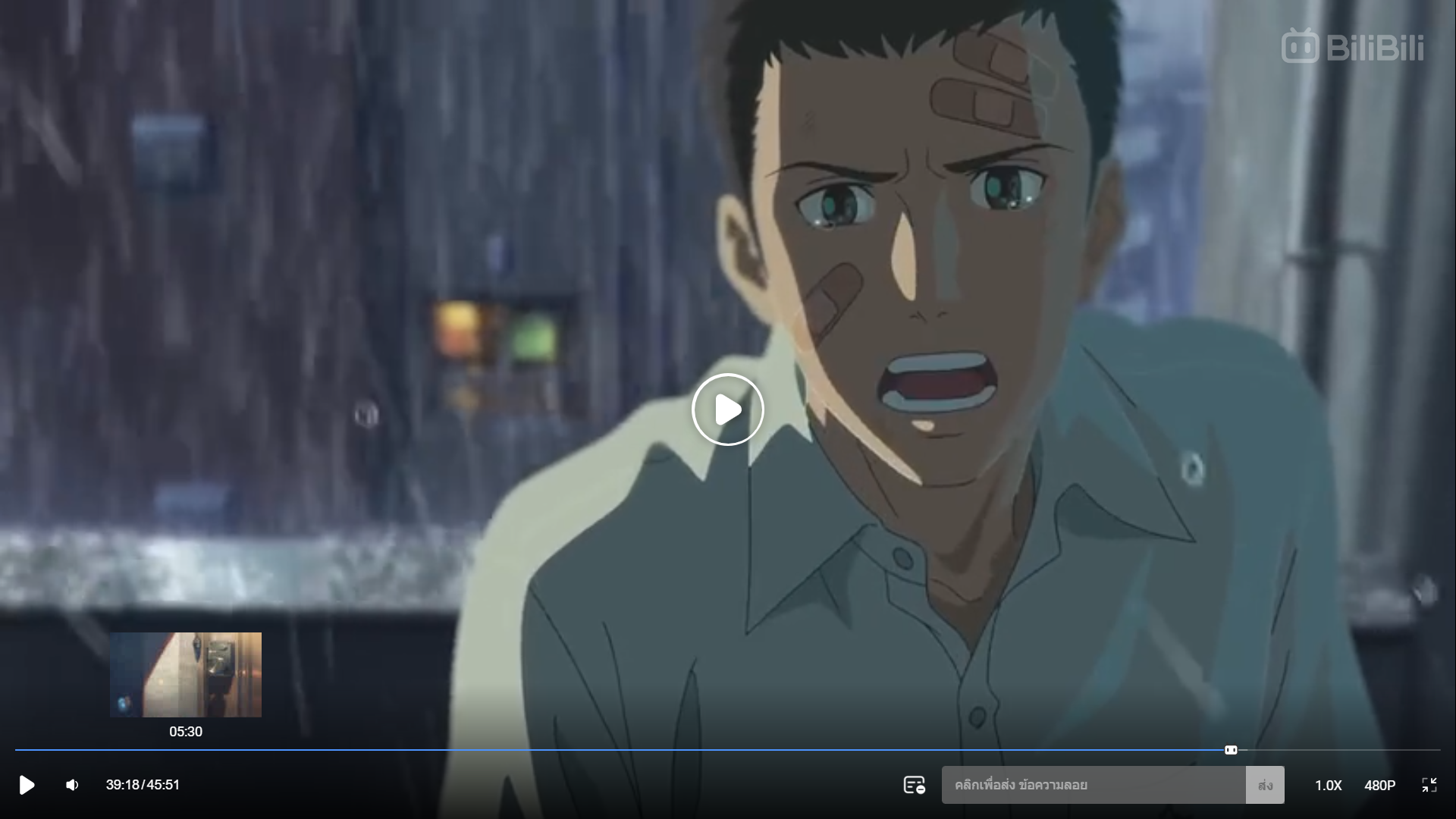a screenshot from an animated film showing a man with bandages on his face. he is outdoors, standing in the rain, with buildings visible in the background. the lighting is dim and the overall palette is muted blues and grays, contributing to a somber and dramatic atmosphere.