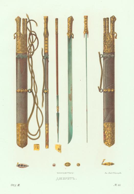 the image shows a vintage illustration depicting various components and complete swords, arranged in a linear fashion against a light background. two sets of swords and scabbards are featured, along with additional spears and sword blades. the scabbards are adorned with detailed metalwork, including gold accents and intricate designs. straps and accessories are included alongside the swords, providing a comprehensive view of the weaponry and its components. the image is labeled with descriptive text in a nonenglish language.