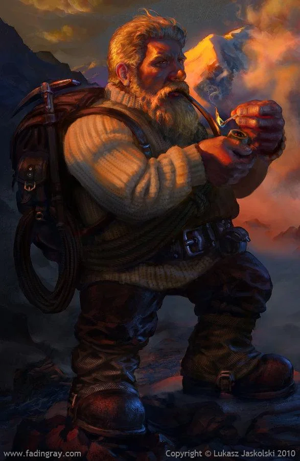 the painting depicts a dwarf standing on a mountain path with a backdrop of a dramatic sunset. the dwarf is stout and heavily clothed, with a thick white beard and hair. he wears a backpack and carries a pickaxe, suggesting he is a traveler or explorer. he is in the act of lighting his pipe, the warm glow of the flame illuminating his face. the overall atmosphere is serene and contemplative, capturing the beauty and grandeur of the mountain environment.