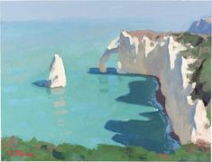 the painting depicts a beautiful ocean scene featuring a majestic white cliff in the background. the cliff stretches across the canvas, its towering presence dominating the composition. an elegant sailboat gracefully glides on the tranquil turquoise waters in the foreground, adding a touch of serenity to the scene. the interplay of light and shadow creates a sense of depth and dimension, highlighting the rugged texture of the cliff face. the artist's masterful use of color and brushstrokes evokes a sense of awe and wonder, capturing the breathtaking beauty of the coastal landscape.