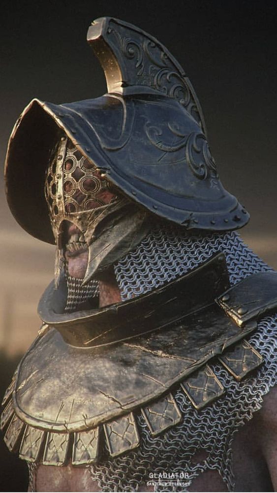 the image is a closeup portrait of a gladiator in full battle gear. he wears an ornate and imposing helmet with intricate details and a grimacing faceguard. the helmet partially obscures his face, revealing only his intense eyes and weathered skin. the gladiator's attire includes chainmail armor protecting his neck and shoulders, and a breastplate adorned with decorative elements. he stands against a blurred background, suggesting the dusty arena or coliseum where gladiatorial combats took place. the lighting is dramatic and emphasizes the warrior's rugged features and the metallic sheen of his armor.