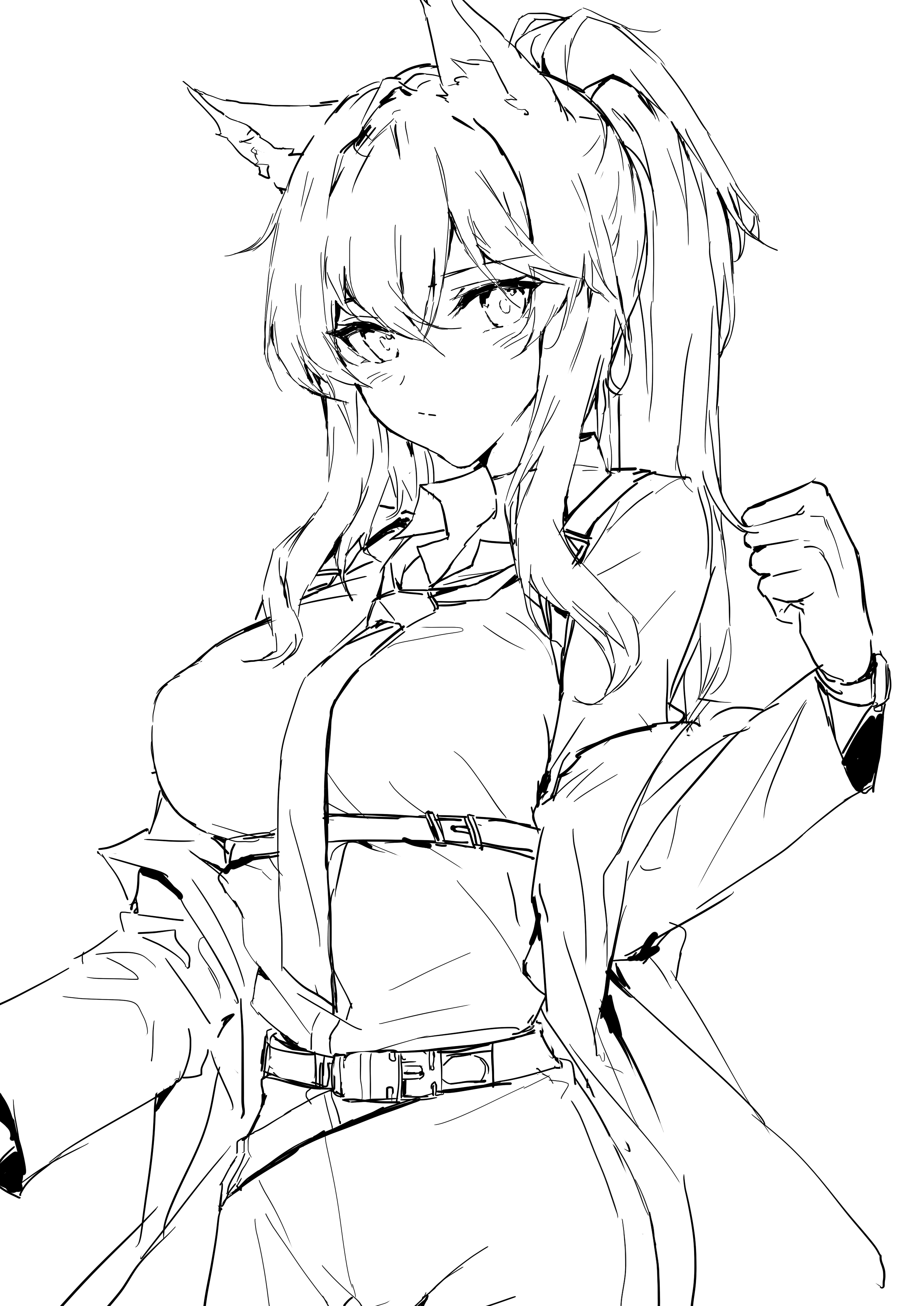 the image is a black and white line art sketch of an animestyle female character. she has long hair styled in a high ponytail, pointed ears resembling those of a demon or similar creature, and is wearing a long coat over what appears to be a collared shirt and pants. her expression is somewhat serious or stoic. the style is loose and sketchy, typical of concept art or character design work, focusing on the character's form and features rather than detailed shading or background. the character's pose is dynamic, almost as if midaction or movement.