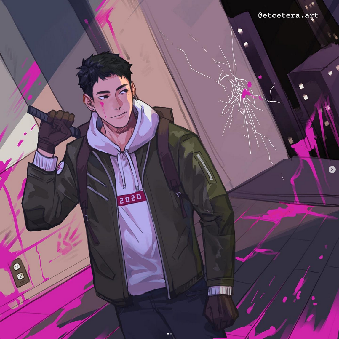 a digital drawing of a young man with short dark hair and a scar on his cheek stands smirking in a graffiticovered urban alley at night. he wears a dark green bomber jacket, a white hoodie with "2020" printed on the front, and black gloves. he carries a baseball bat over his shoulder, held with his right hand. there is a shattered window behind him splattered with pink paint.  the scene is lit with artificial light, possibly from streetlights and neon signs, casting shadows and highlighting the man's features and the surrounding environment.