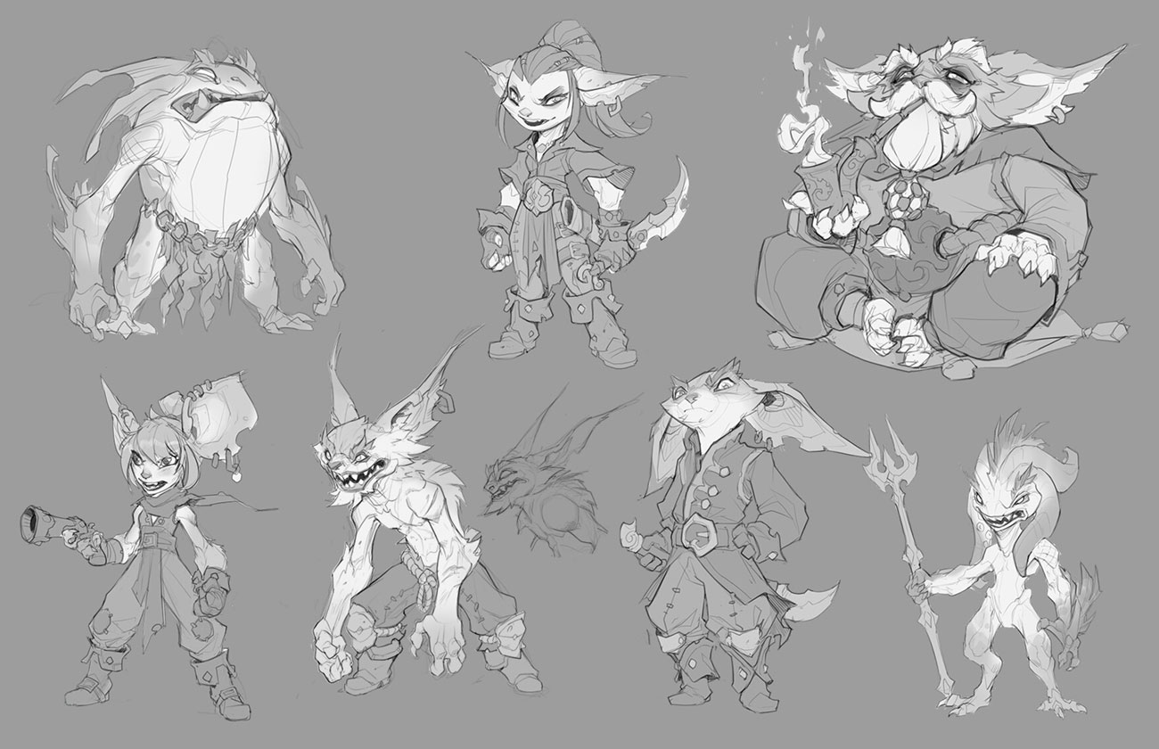this is a collection of concept sketches for fantasy creature characters, with a pirate theme. the sketches are in black and white and show different variations of creatures with various weapons, clothing, and facial expressions. they are drawn in a rough, but detailed style with an emphasis on anatomy and movement.