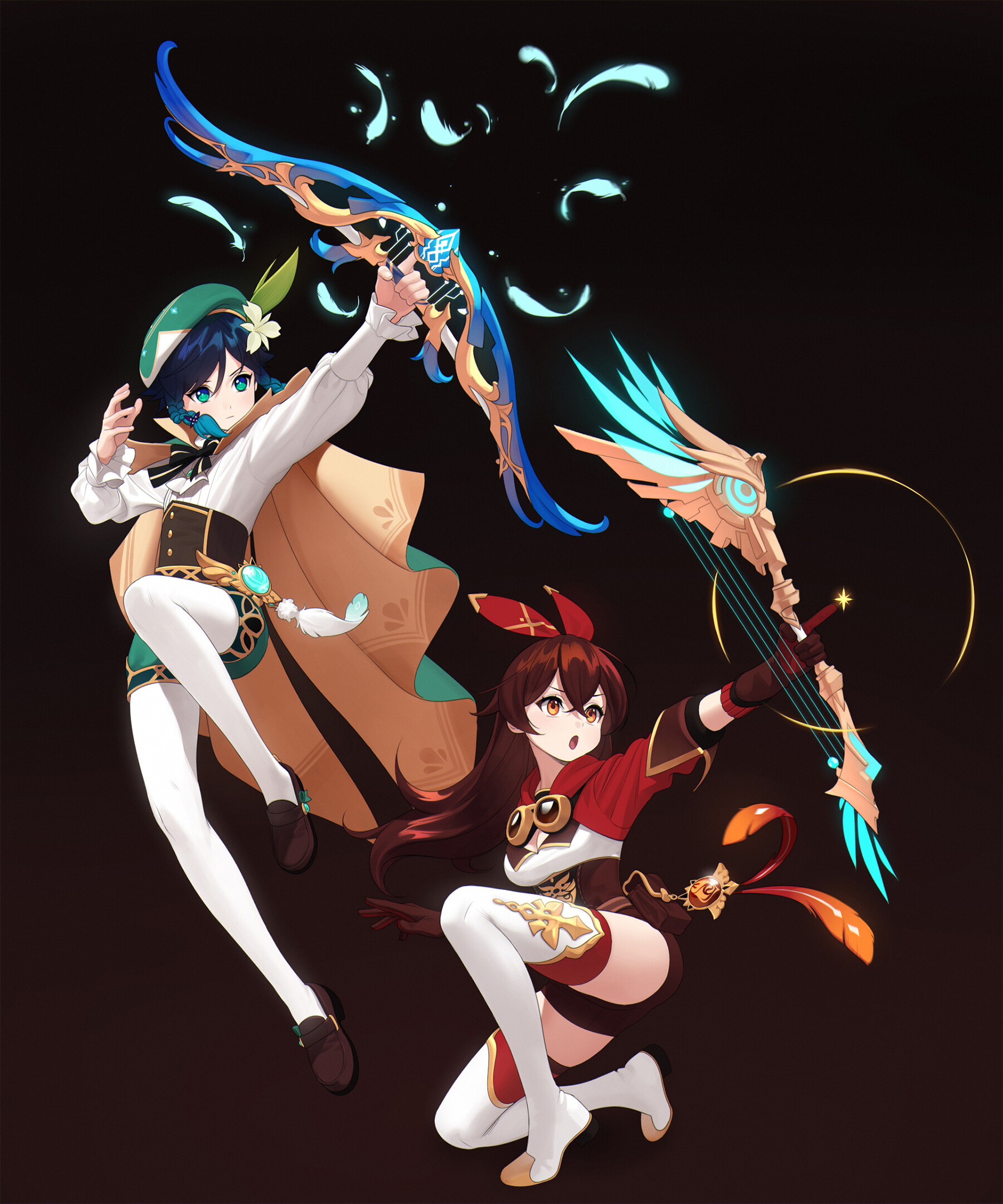 the image features the genshin impact characters venti and amber dynamically posed against a dark background. venti, dressed in his signature green attire, is captured midair, aiming his bow upward with glowing turquoise arrows materializing. below him, amber, in her fiery red outfit, kneels with her pyroinfused bow drawn, ready to fire. the scene is dramatically lit, highlighting the characters and their weapons, emphasizing the energy of their actions.