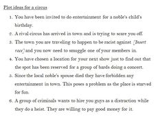 the image shows a piece of paper with six plot ideas for a circus story written on it in black ink. the ideas involve themes like entertainment, rivalry, racism, logistical challenges, death, and crime.