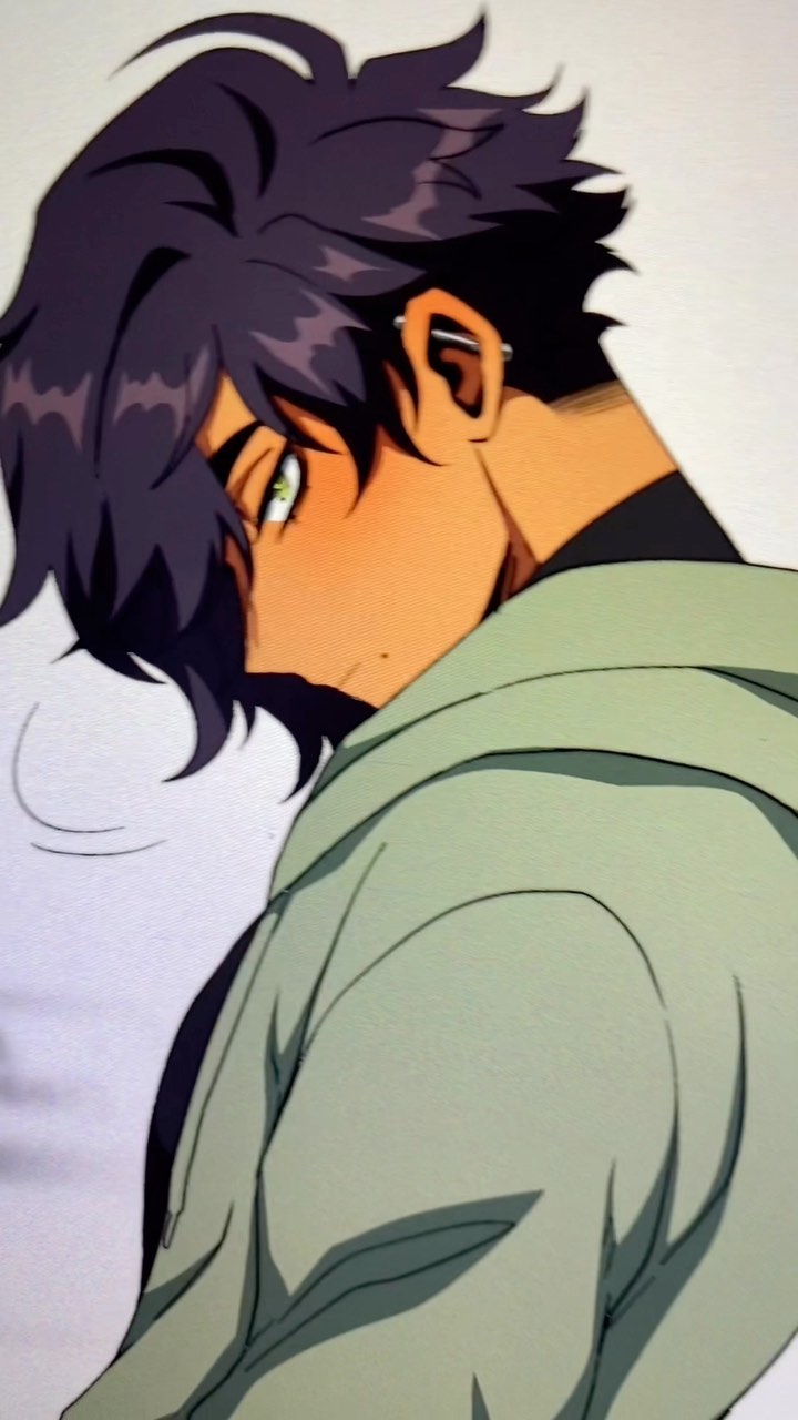 the image is a digital drawing of a young animestyle male character. he has dark, shoulderlength hair, tan skin, and striking green eyes. he's wearing a light olive green hoodie.  the character is shown in profile, looking away from the viewer, creating a somewhat mysterious and intriguing pose. the style is reminiscent of modern anime or manga illustrations, focusing on sharp lines and vibrant color.  he has a piercing in his ear.