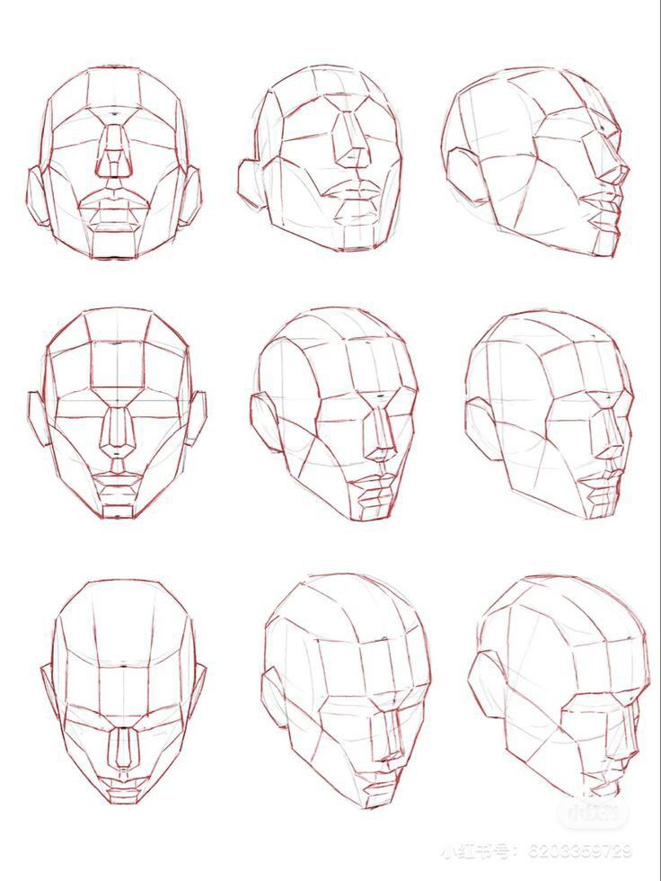 the image contains nine drawings of human heads, each depicted using a geometric construction method.  the heads are shown from various angles, including frontal, profile, and threequarter views. red lines outline simple geometric shapes (cubes, planes, etc.) forming the underlying structure of the heads, serving as a guide for depicting the head's form and proportions.  these drawings are likely part of a tutorial or guide for artists learning to draw realistic heads. the style is clean and precise, focusing on anatomical accuracy achieved through geometrical understanding.