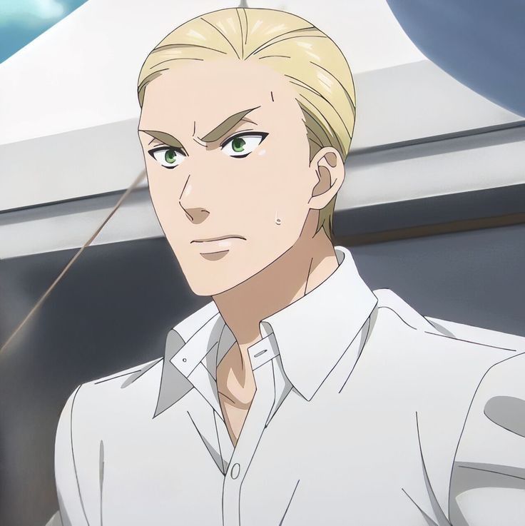 an anime male character with blond hair and green eyes is looking to the left with a serious expression. he is wearing a white shirt with the top button undone. the image is drawn in a manga style and is set against a blurred background.