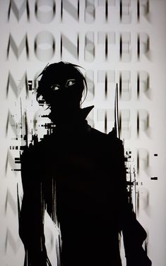 a black and white illustration of a man standing in front of the word "monster" repeated many times.  the man is a dark silhouette with glowing eyes.