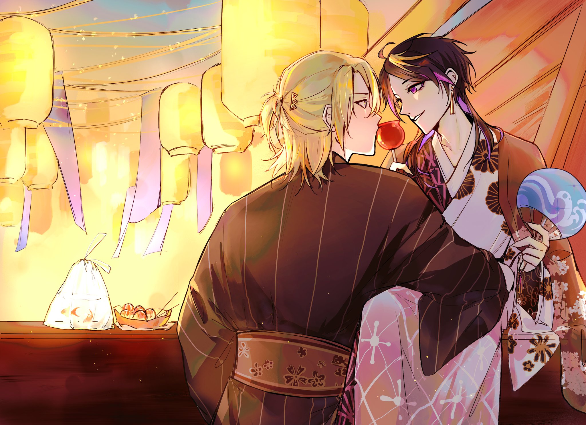 the image is a digital illustration of a couple in traditional japanese clothing. they are dressed in kimonos and yukatas, and they are holding a candy apple together. the scene is set in a summer festival, with colorful lanterns and cityscape in the background. the couple is looking at each other lovingly, suggesting that they are romantically involved. the image is full of vibrant colors and delicate details, and it conveys a sense of warmth, joy, and romance.