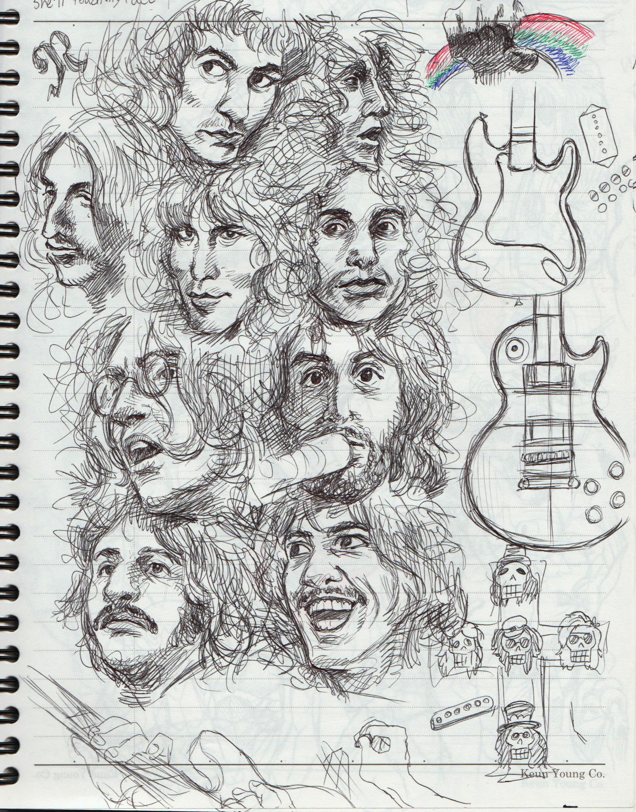 a handdrawn sketch of a band of musicians, with each musician's face highlighted. there is a guitar at the center of the sketch. the drawing is done with a pen and ink, and has a vintage, retro look. the artist seems to have focused on the facial expressions of each individual. the sketch is done in a notebook, with a spiral binding.  this piece is a unique and artistic representation of a band of musicians, with a rock and roll aesthetic.