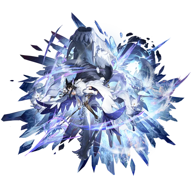 the image showcases a female anime character enveloped in a whirlwind of ice crystals.  she is dressed in a predominantly white ensemble accented with blue hues, wielding a large weapon. surrounding her are spectral, icy figures resembling wolves or foxes. the background is a stark black, amplifying the vibrant, cool colors of the ice and the character's attire.