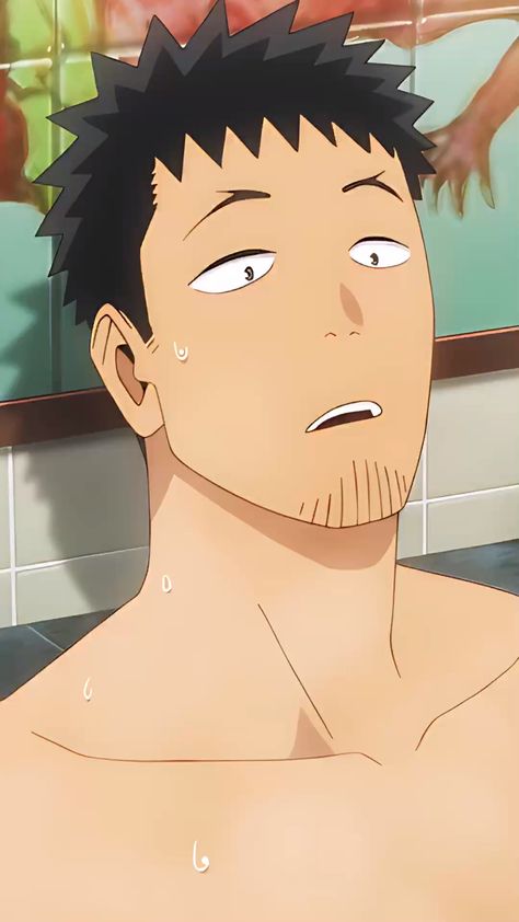 this is a closeup illustration of a man with short, dark hair and a worried expression. he is sweating and appears to be in a bathtub, although only his shoulders and head are visible. the setting appears to be a bathroom, as indicated by the tiled wall in the background. the man has a concerned look on his face.  the overall color palette is warm and muted, with a focus on peach, brown, and cream tones.