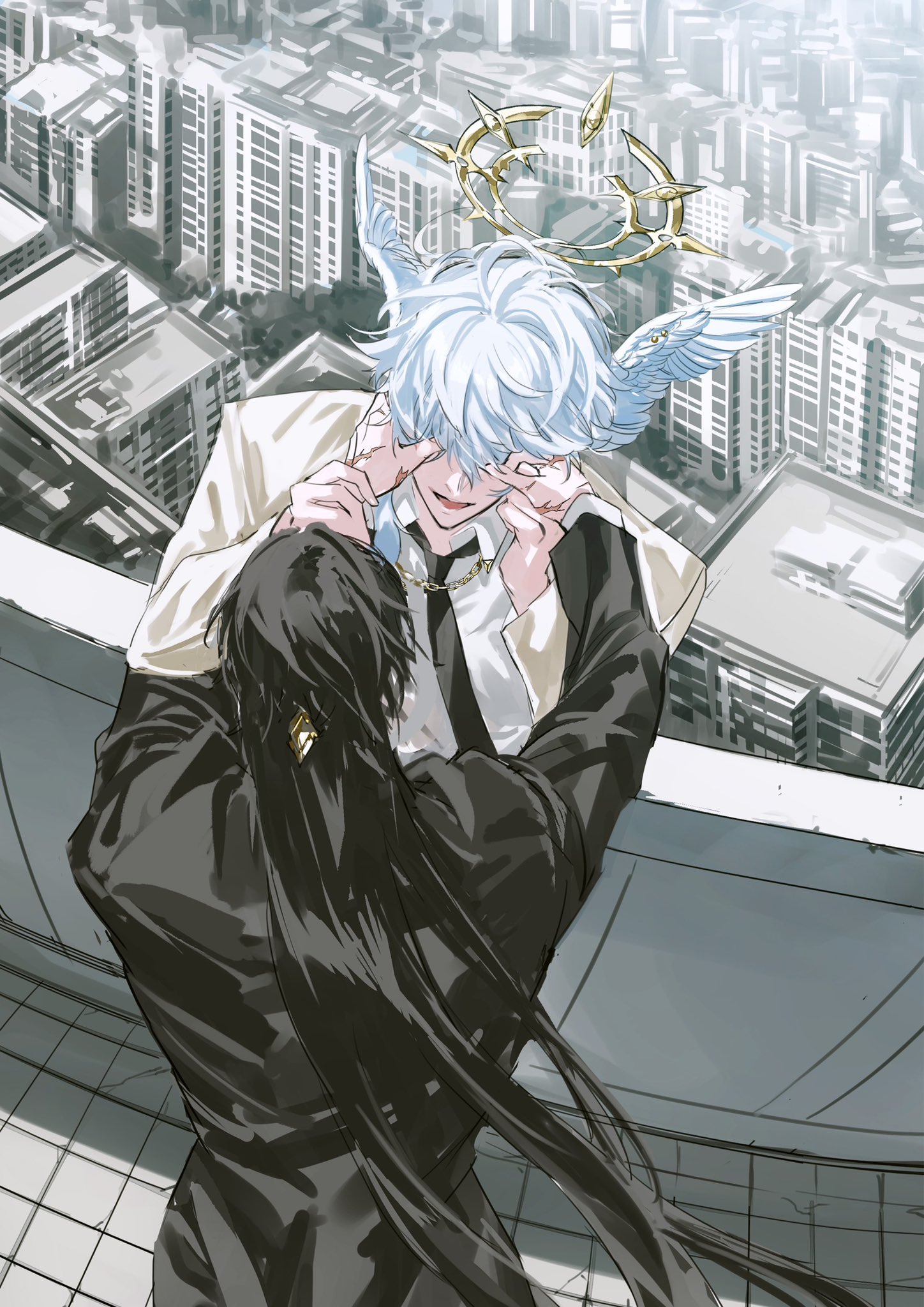 the image is a digital illustration of two anime boys, one with white hair and angel wings, and one with long black hair, standing on a rooftop. the boy with white hair is crying and covering his face with his hands. the boy with black hair is looking at him with a concerned expression. the cityscape is in the background.