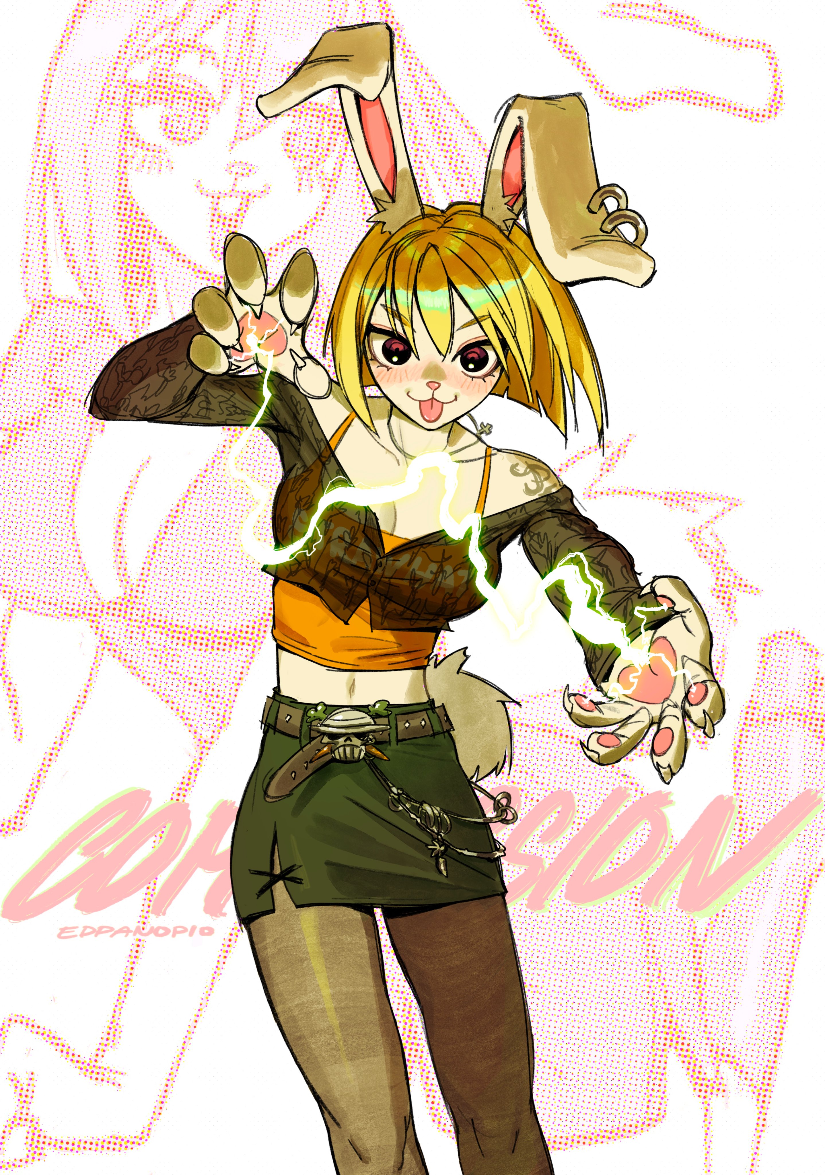 he image is a vibrant and stylized illustration of a young animestyle girl with blonde hair and bunny ears. she's wearing punk/gothinspired clothing—a short, green skirt, an orange top, and black fishnet sleeves. the character is dynamically posed, seemingly projecting or wielding electric energy from her hands. the background is a halftone pattern with a faint, partially visible figure suggesting a second character or a background element. the overall style is cartoonish, bold, and colorful, with a focus on expressive character design. the image also includes a stylized text that may be a title or tag.