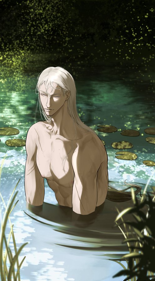 the image showcases a stylized illustration of a slender, paleskinned man with long, flowing white hair. he is partially submerged in a calm body of water, possibly a pond or lake, which is surrounded by lily pads and other aquatic plants.  the water is tranquil, and the overall mood is serene and peaceful. the man's upper body is bare, revealing his musculature. the artwork suggests a fantasy or animeinspired aesthetic with soft lighting and muted colors.  the background is a dark, slightly blurred depiction of foliage, creating a contrast with the lighter tones of the figure and water. the artist's style is evident in the delicate rendering of the figure and the atmosphere of the scene.