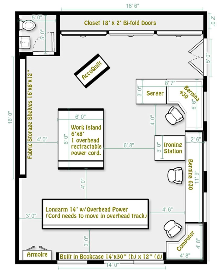 the image is a floor plan of a sewing room with dimensions and labels for various furniture and equipment. it includes a work island, fabric storage shelves, a longarm quilting machine, several sewing machines (bernina 430, bernina 630, serger), a computer, an ironing station, a closet, a bookcase, an armoire, and an accuquilt machine. dimensions are provided for each item and the room as a whole.