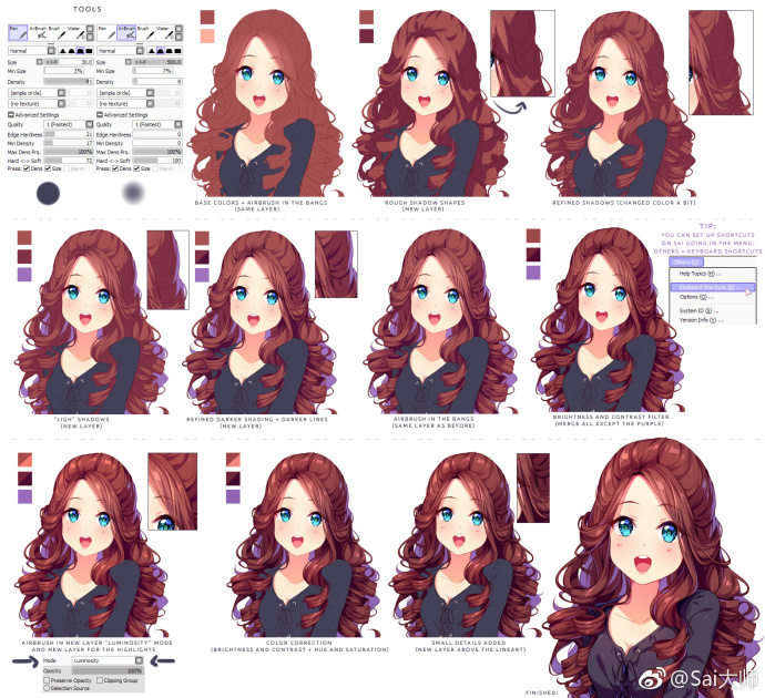 the image is a digital art tutorial focusing on painting animestyle hair in paint tool sai. it shows a stepbystep process of painting the hair of a female character, starting from base colors to final details. each step highlights the tools used, layer organization, and color adjustments. the tutorial emphasizes creating depth and shine in the hair using techniques like airbrushing, layering, and color correction.