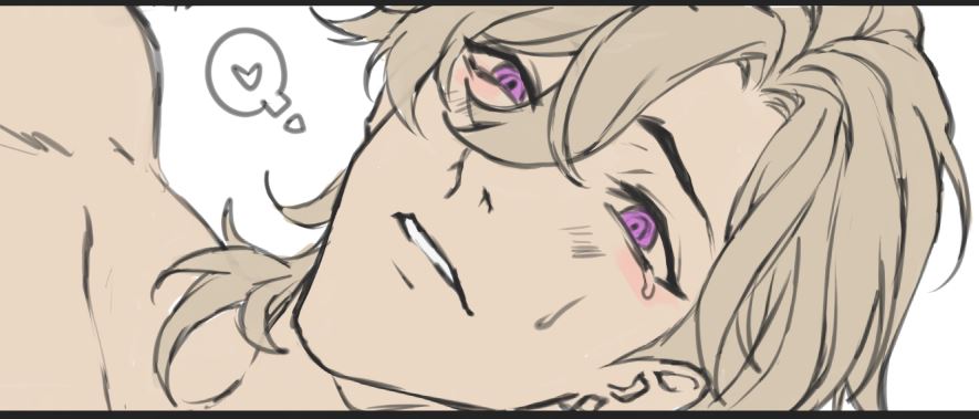 the image is an animestyle illustration of a male character with purple eyes and blush on his cheeks. he is looking at the viewer with a sad expression. he has blond hair and is drawn in a soft, delicate style. there is a heart bubble next to his head and an arrow pointing to it, which  suggests that he is in love. the overall tone of the image is romantic and tender.