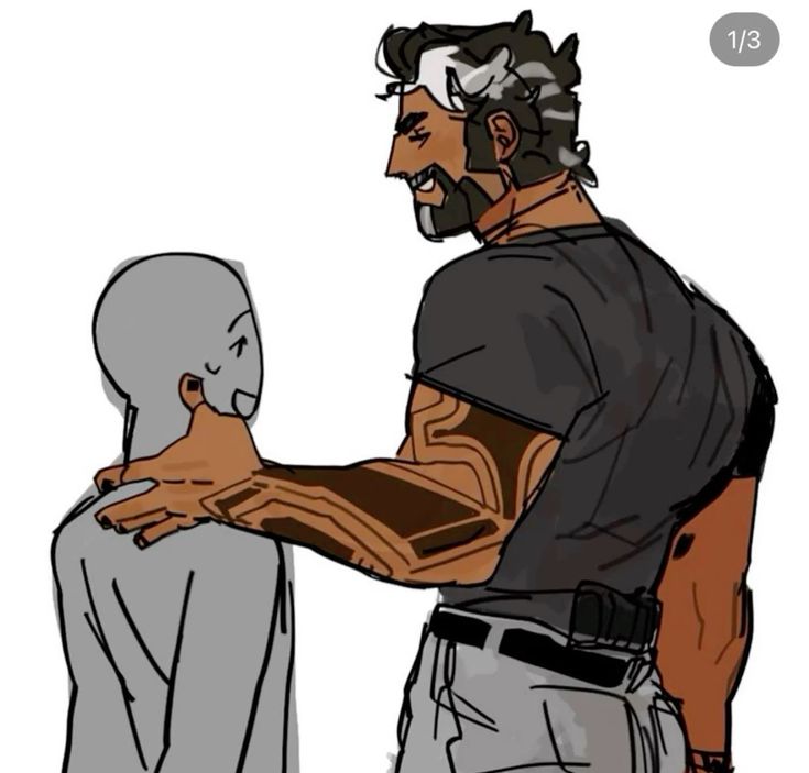 the image depicts a drawing of a muscular man with black and white hair, a beard, and a tattoo on his arm. he is wearing a dark shirt, light pants, and a belt with what appears to be a holster. he is standing next to a figure that is gray with a simple smile, whose head he is holding onto with his hand. the man looks like he is talking to the other person. the background is white.