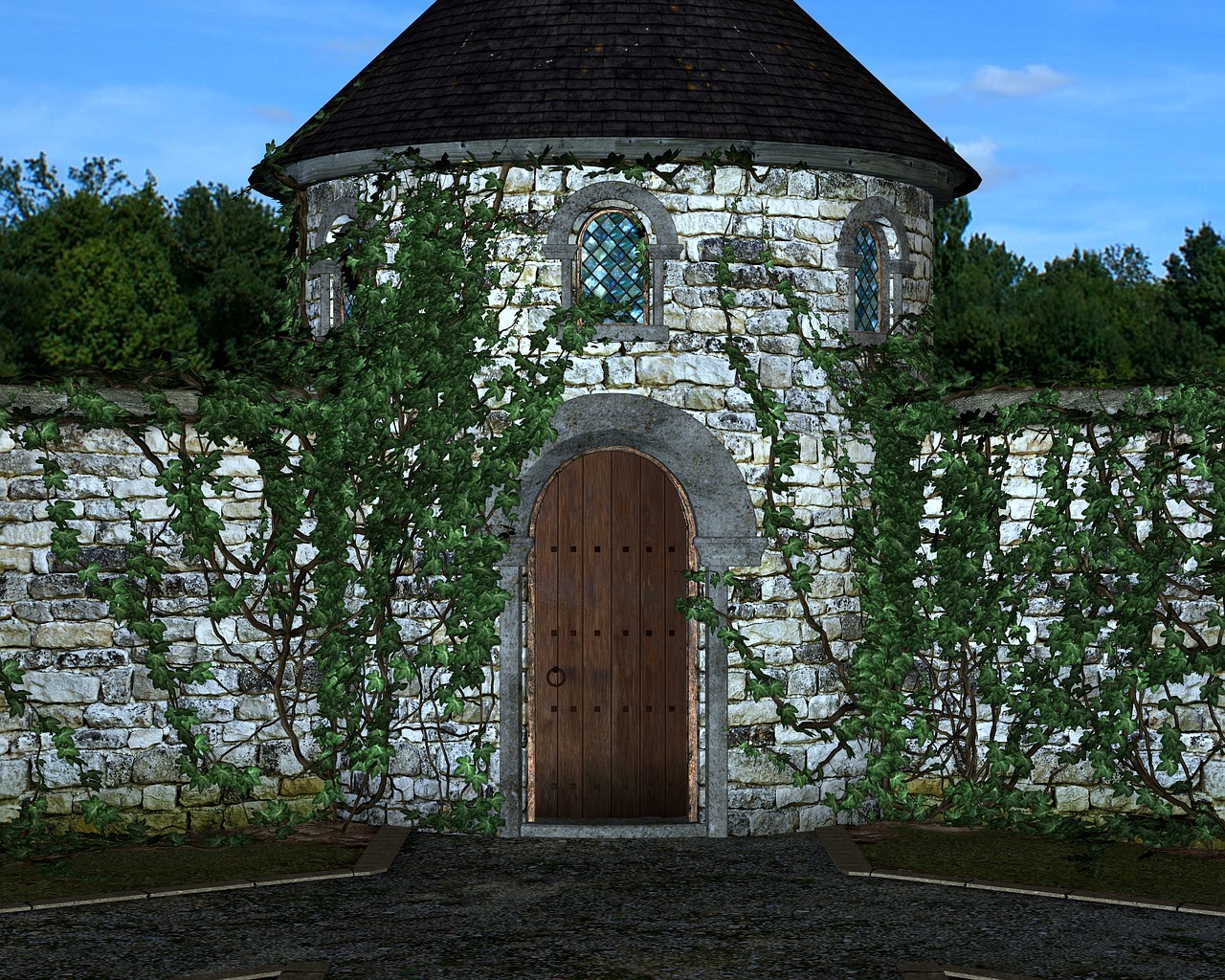 a stone castle entrance with a wooden door, flanked by stone walls covered in vines. the entrance leads to a round tower with arched windows, topped with a black roof. the area in front of the entrance is paved with cobblestones. the sky is visible in the background, along with green trees.