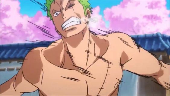 a closeup illustration of the character zoro from the anime one piece. he is shirtless, showcasing his muscular physique and numerous scars. his green hair is tousled, and his face contorted in a determined grimace as he appears to be in the midst of a fight. the background features streaks of motion blur, emphasizing the speed and intensity of the action. soft pink cherry blossom trees are visible behind him, creating a contrast between the serene environment and the dynamic action.