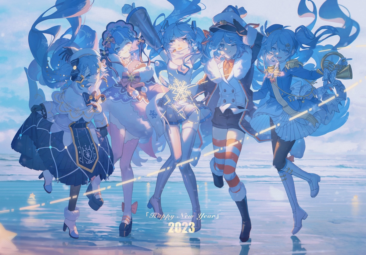 an animestyle image features five anime girls, all with blue hair, standing on a beach with a winter theme. the image is titled "happy new year 2023".
