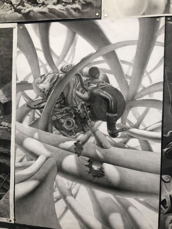 the image is a closeup photograph of a detailed black and white graphite drawing. the drawing depicts a car engine or similar mechanical component seemingly entangled or enveloped within a complex network of large, curving, organiclooking tubes or pipes. the tubes create a sense of depth and abstract form, contrasting with the realistic depiction of the mechanical parts.  the drawing showcases excellent shading and use of light and shadow to create a threedimensional effect. the overall style is a blend of realism and surrealism, presenting a visually intriguing and somewhat unsettling scene. the drawing is displayed on a wall, alongside other artwork.