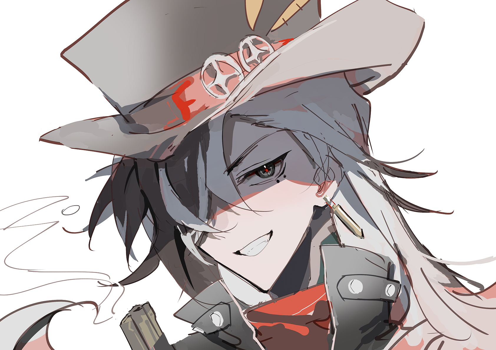this is a digital drawing of an anime woman with long white hair, wearing a hat with a scarf around her neck and holding a gun. she is smiling and looking directly at the viewer with a cool and confident expression. the style is reminiscent of anime and manga, with sharp lines, bold colours and a dynamic composition.