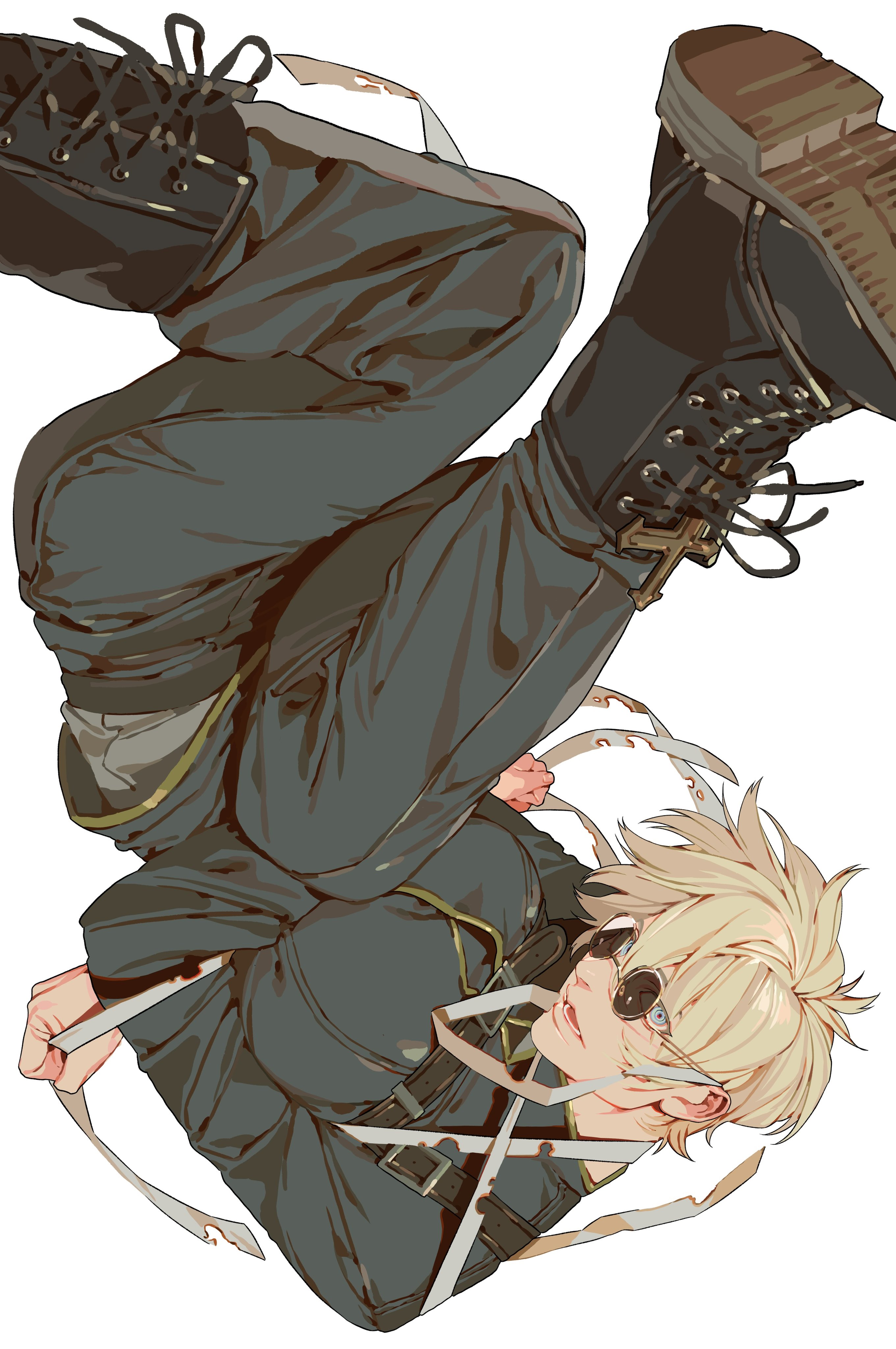the image is a fullbody drawing of an anime character with blonde hair and wearing a military uniform. the character is seen upside down, with their head towards the bottom of the image and their boots at the top. the character wears sunglasses and is adorned with multiple straps and ribbons. one of the boots features a cross. the art style is reminiscent of anime.