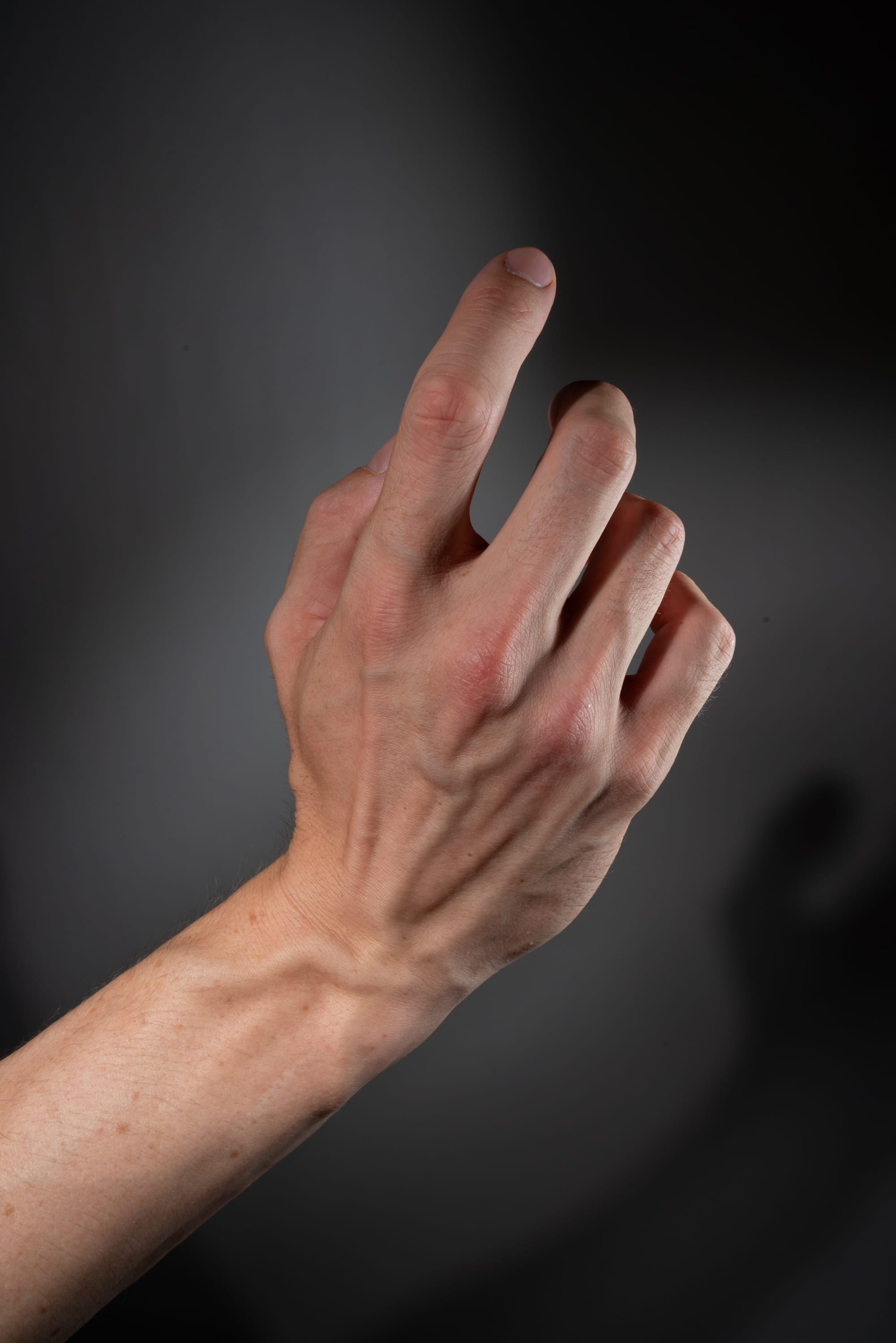 a closeup image of a hand pointing upwards against a gray background. the hand is illuminated by studio lighting, highlighting the details of the skin and veins.