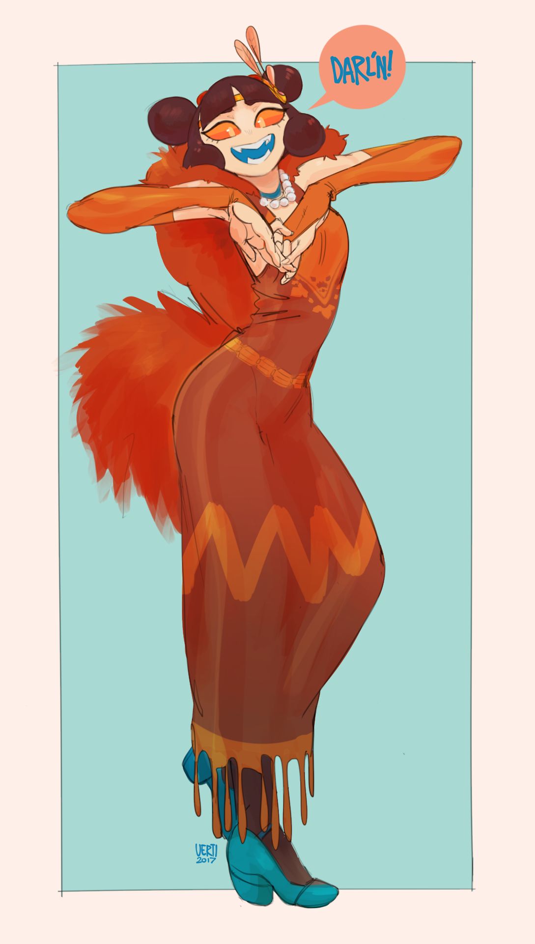 a digital illustration of a cartoon woman with orange hair and a huge smile. she is wearing an orange and brown dress and turquoise shoes and is holding her hands over her heart and saying "darlin." she appears to be in a playful, happy mood.  the image is done in a whimsical style with bright, saturated colors.  the background is a flat, light blue.