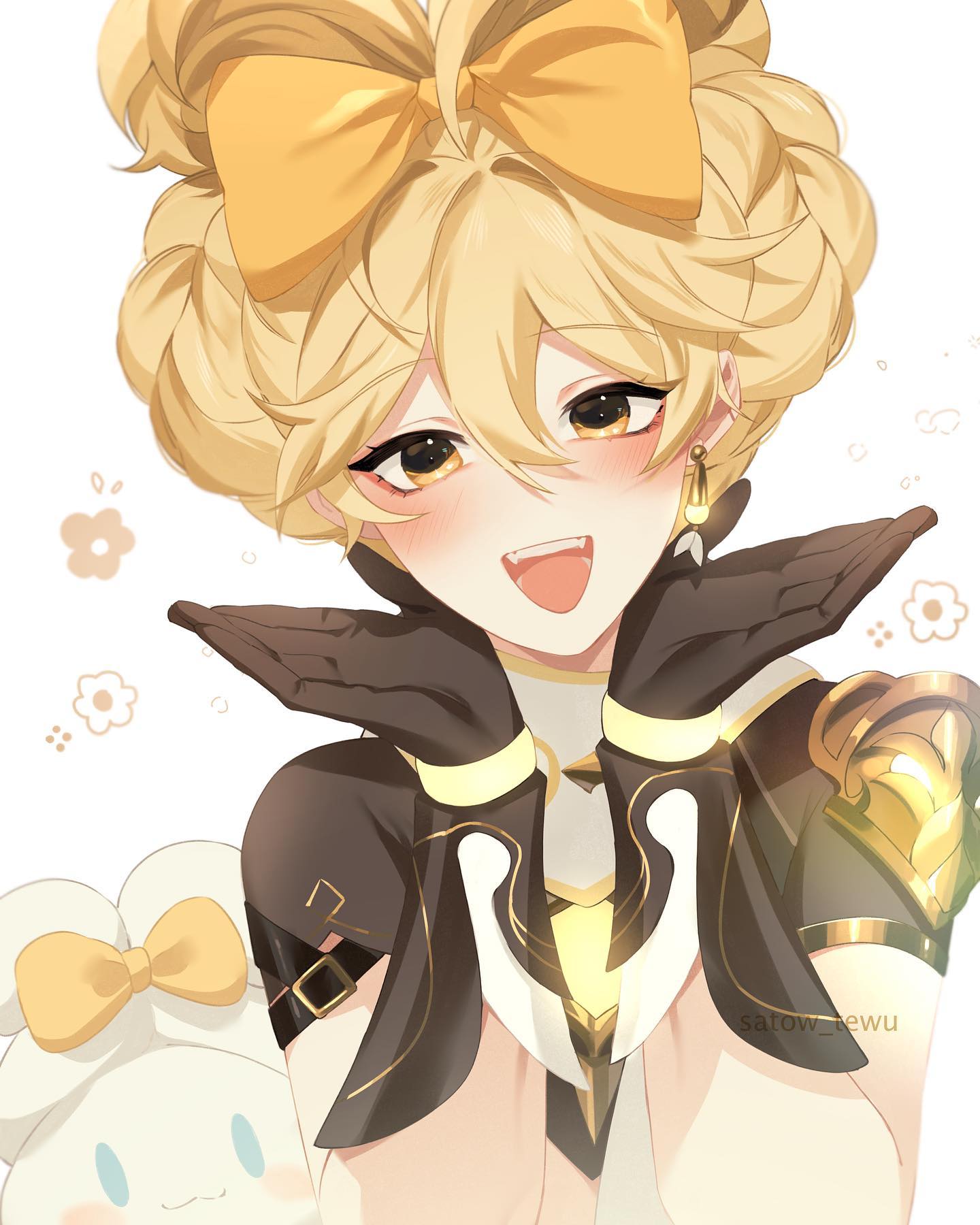 a digital drawing of an animestyle girl with blonde hair styled in two buns with a large yellow bow. she is wearing a dark outfit with gold accents and is smiling cheerfully, her hands in a playful gesture. she is surrounded by a light, pastel background with small flowers. there is also a small, cute, plushlike creature with a yellow bow partially visible in the bottom left corner. the style is reminiscent of fanart for genshin impact, and the girl's features resemble the character klee.  the artist's signature is faintly visible in the bottom right corner.