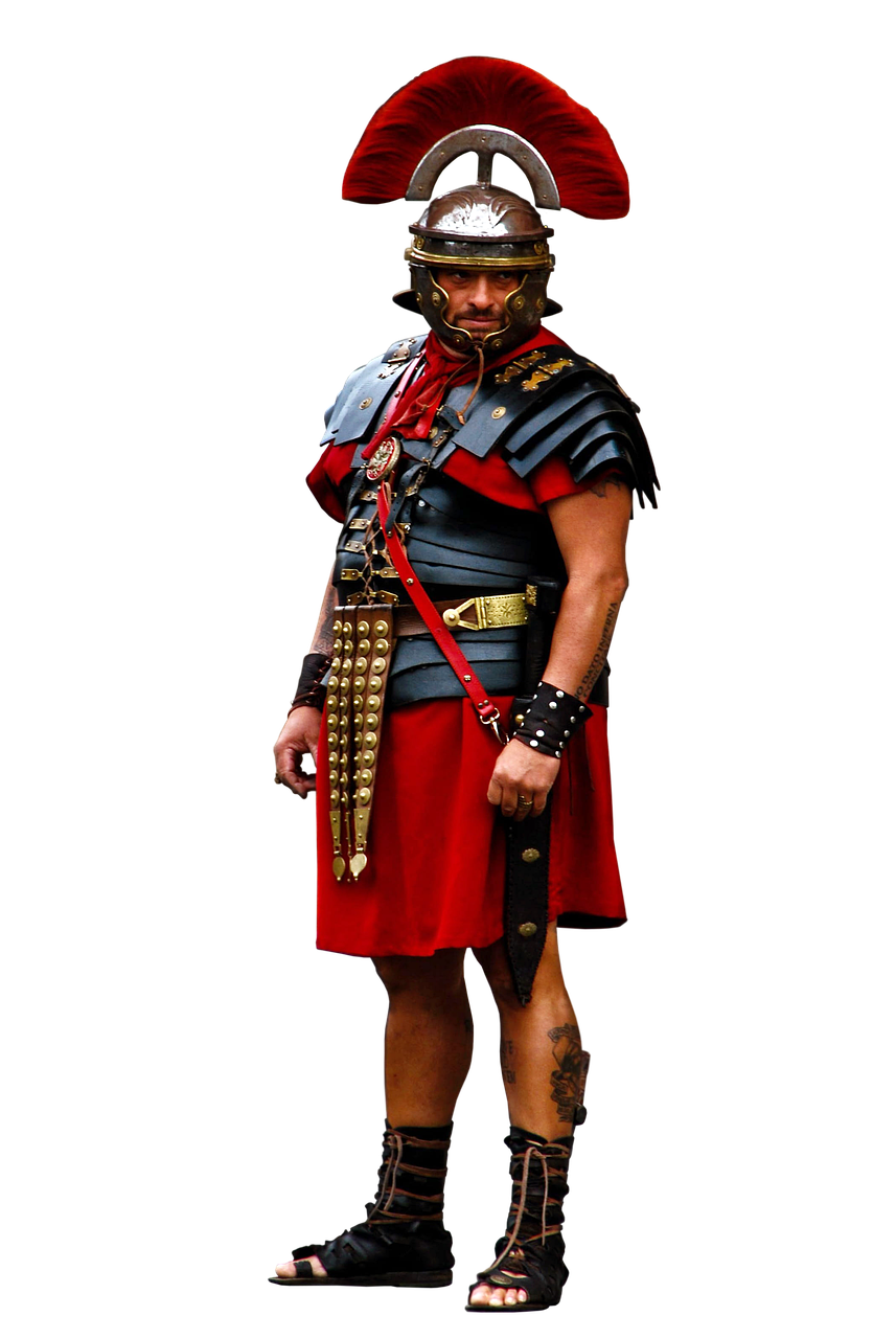 a fulllength portrait of a man dressed as a roman soldier. he is wearing a metal helmet with a red plume, roman armor, a red tunic, leather sandals, and wrist guards. he is also carrying a gladius and a cingulum. the background is black.