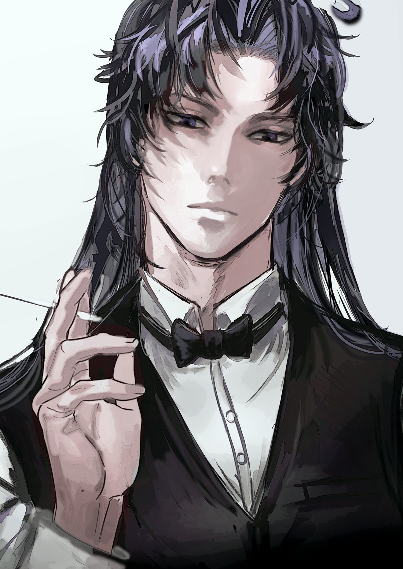 a close up portrait of an anime man with long black hair with purple streaks, wearing a black suit, bow tie, and white shirt. he's holding a cigarette in his hand, and his expression is serious. the art style is digital and looks very detailed.