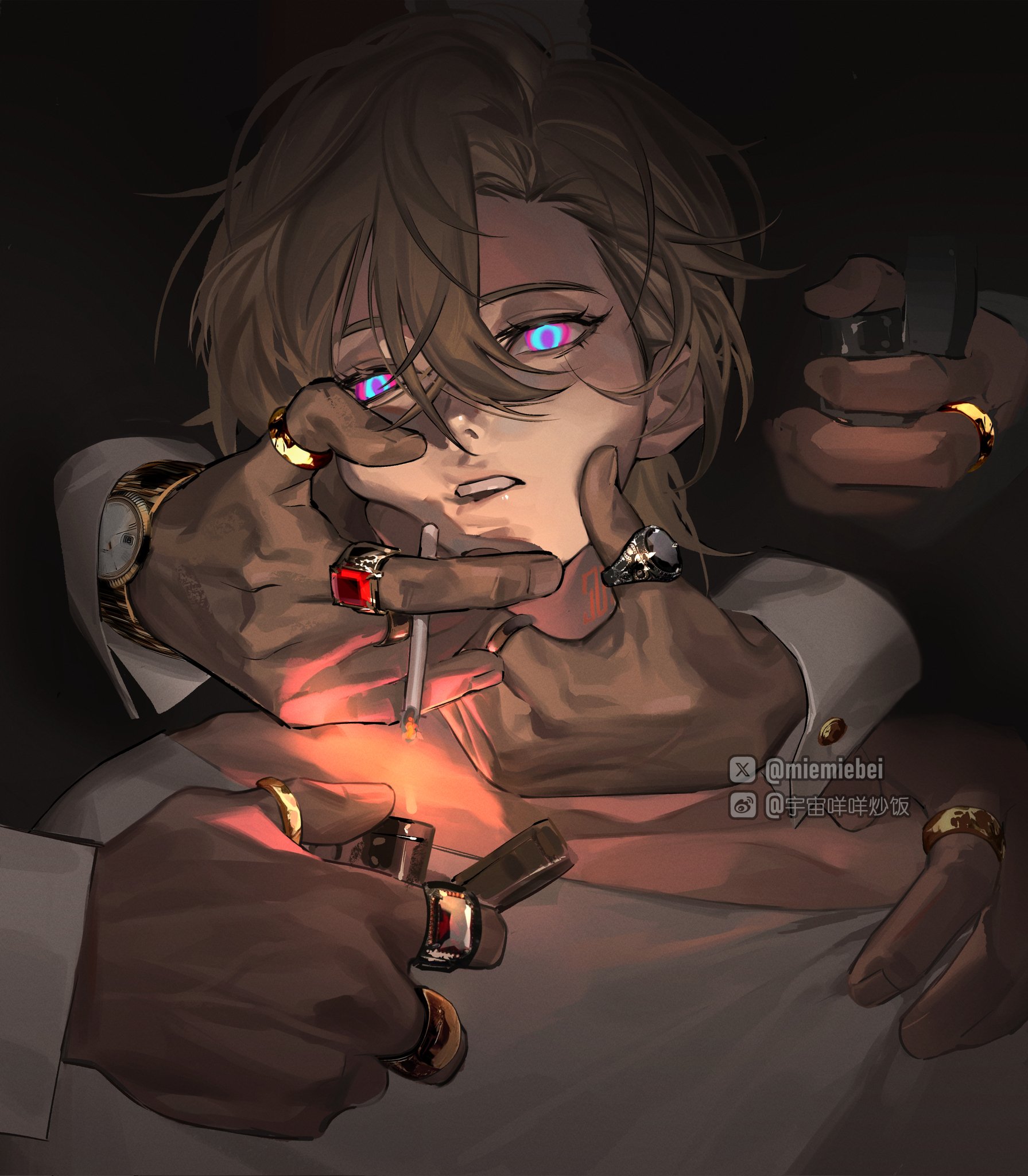 this is a digitally drawn illustration in an anime style. the image features a young man with blonde hair and blue eyes. he is wearing a white shirt and is being held down by another hand that is covered in rings. there is a cigarette being held up to his lips and a lighter burning in the other hand that's holding him down. the image has a dark and dramatic feel, suggesting that the man is being forced to smoke against his will.