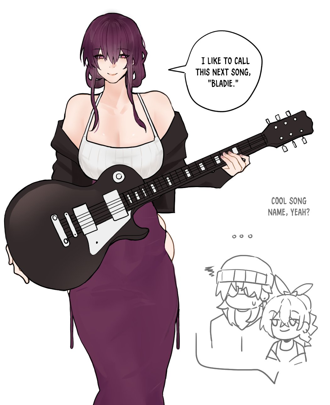an anime girl with purple hair is holding an electric guitar and smiling. she is wearing a white tank top with a purple skirt. behind her, there is a speech bubble with the text "i like to call this next song, "bladie."". the image is set against a white background.