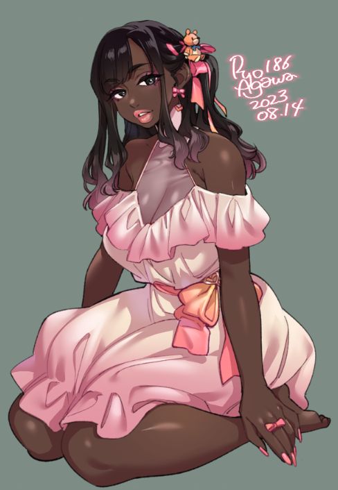an illustration of a beautiful black anime girl with long black hair sitting in a pink dress with pink flowers in her hair and a pink bow on the dress. she's wearing a pink ring on her finger. the background is a light greygreen. the girl has a big smile and her eyes are wide open and happy.