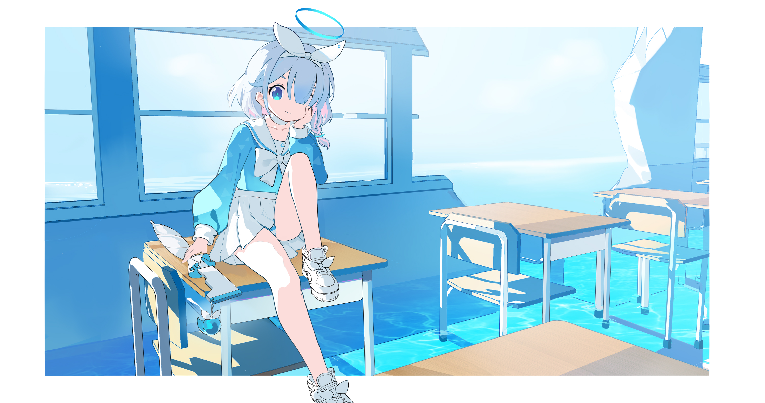 he image depicts a cute anime schoolgirl with short, light blue hair and a white headband sitting on a desk in a flooded classroom. the classroom is filled with partially submerged desks and chairs, and large windows show a view of the ocean.  the girl is wearing a light blue sailorstyle outfit and white shoes.  she has a gentle expression and a small halo above her head. the overall style is soft, pastel, and dreamlike.