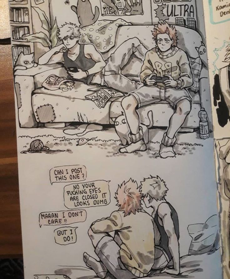 the image is a fanmade comic strip or page from a sketchbook featuring characters from the anime and manga series my hero academia.  it showcases bakugo katsuki, midoriya izuku, and kirishima eijiro in relaxed settings.  the first panel depicts bakugo and kirishima lounging on a couch, with bakugo seemingly using a phone and kirishima playing a video game controller. the second panel shows midoriya and kirishima sitting closely together, with dialogue bubbles suggesting a playful and somewhat intimate interaction between them, potentially hinting at romantic feelings.  the art style is a sketched, informal style, common in fanart and webcomics, with a focus on character expression and emotion.  the overall tone is lighthearted and informal.