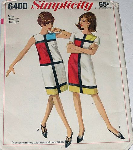 a vintage simplicity sewing pattern, number 6400, featuring two women wearing dresses with a mondrianinspired design. the dresses are white with black grid lines and primary color blocks (red, yellow, and blue). the pattern details indicate it is for a miss size 12 with a bust of 32 inches. the dresses can be trimmed with flat braid or ribbon. the pattern cost 65 cents, or 75 cents in canada.