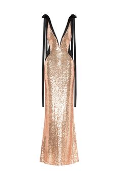 this is a glamorous gold sequin evening dress with black straps and a vneckline.