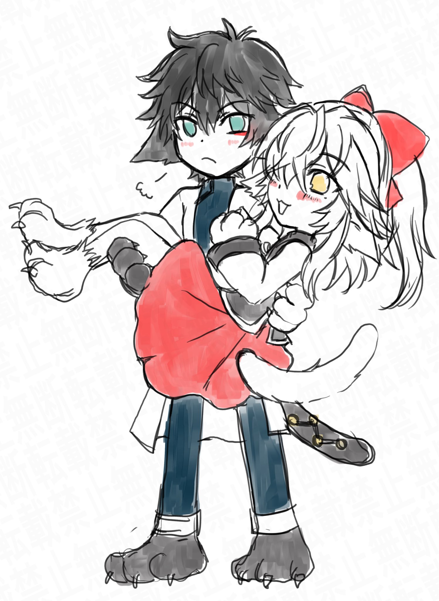 an animestyle illustration of a boy with black hair and wolf ears holding a girl with white hair and cat ears. both of them are smiling. the boy is wearing a white lab coat with a blue shirt and blue pants. the girl is wearing a red skirt with a white blouse and a yellow bow. the boy is holding the girl in his arms, and the girl is reaching up to hug him. the boy's tail is a white wolf tail, and the girl's tail is a white cat tail. the background is white.  the drawing has a simple, sketchy style. the characters are drawn in a cute and adorable style.  the illustration is a depiction of a heartwarming scene of two characters sharing a hug.  it is likely a romantic scene.