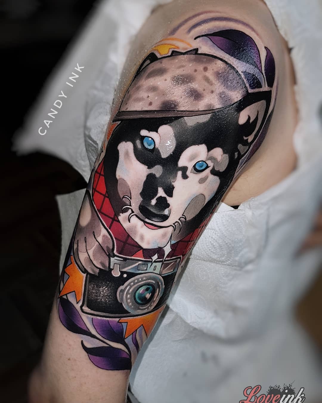 a colorful tattoo of a husky dog wearing a hat and shirt, holding a vintage camera in its hand. the tattoo is on the upper arm of a person.
