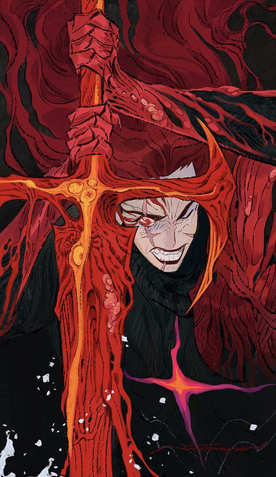 a demonlike creature with a long red crossshaped sword. the demon has glowing red eyes and a menacing expression. the sword is glowing and covered in blood. the background is mostly black, with hints of red. the overall tone of the image is dark and scary.