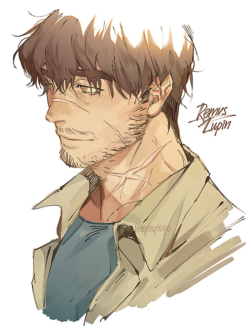 the image is a digital drawing or painting of a male character, likely fanart of remus lupin. the style is reminiscent of anime or manga, with soft, textured brushstrokes.  the character is depicted in a threequarter profile view, showcasing his weathered face with noticeable scars. he has short, brown hair, and a somewhat serious or contemplative expression.  he's wearing a simple beige jacket over a blue shirt. the artist's signature, "longdaytogo," is subtly placed on the jacket. the background is a plain white, drawing focus to the character. the signature "remus lupin" is in the top right corner, confirming the subject. the overall tone is somewhat melancholic yet strong.
