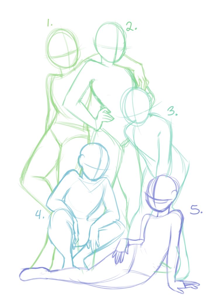 the image is a sketch of five human figures in various poses. the figures are drawn in an outline style, with no details or shading. the figures are labeled with numbers from 1 to 5. the image is a basic drawing of human figures in different poses, and it can be used as a reference for drawing or painting.
