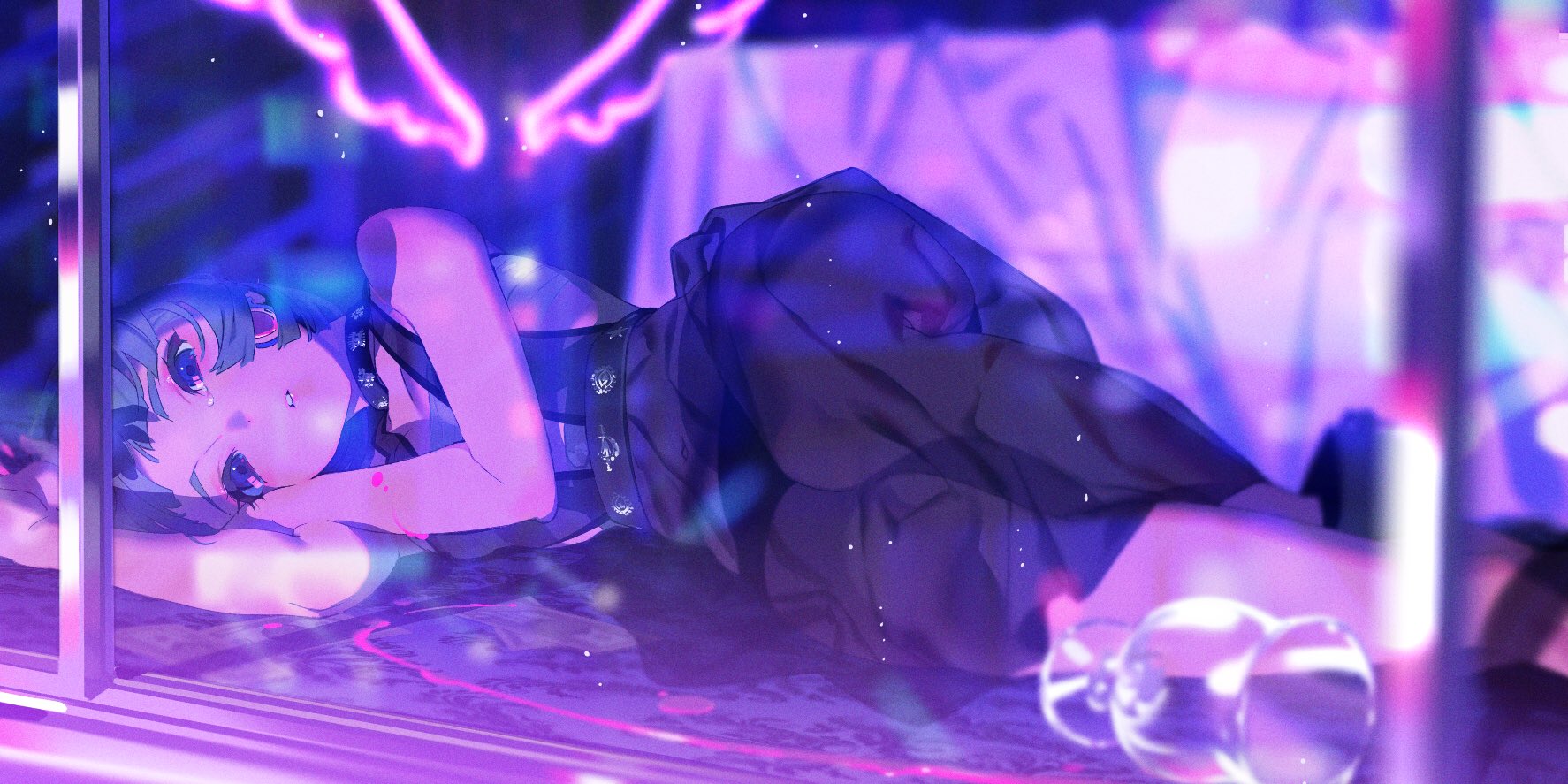 the image showcases a young woman with blue hair, lying listlessly on a glass surface, likely a window overlooking a city at night. she wears a short, black dress and stares into the distance with a melancholic expression. the city lights below cast a vibrant, neon glow on her, predominantly in shades of purple and blue. the perspective is from above, giving a voyeuristic glimpse into a moment of quiet contemplation against a backdrop of urban nightlife.