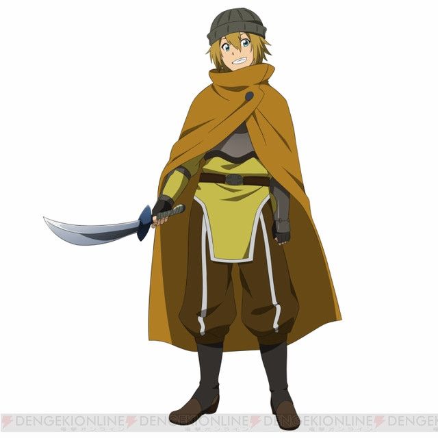 the image features a young male anime character with blonde hair, wearing a brown cloak, a yellow tunic, and brown pants. he is holding a curved sword and is smiling while standing. the character looks like a warrior and is set against a white background.